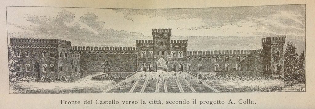 Fronte del Castello verso la città, secondo il progetto del Colla, da Luca Beltrami, Il Castello di Milano sotto il domionio degli Sforza dei Visconti (Milano: Ulrico Hoepli, 1894).