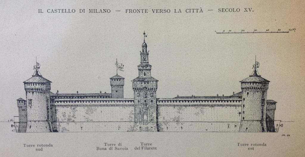 Fronte del Castello verso la città, secondo Luca Beltrami, da Luca Beltrami, Il Castello di Milano sotto il domionio degli Sforza dei Visconti (Milano: Ulrico Hoepli, 1894).