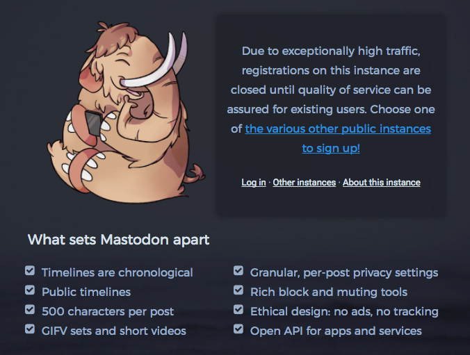 La pagina about di Mastodon in questo momento.